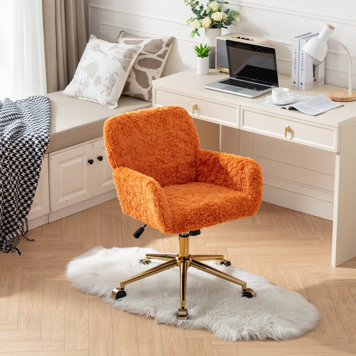 Office Chair, Artificial Rabbit Hair Home Office Chair With Metal Base, Adjustable Desk Chair Swivel Office Chair, Vanity Chair