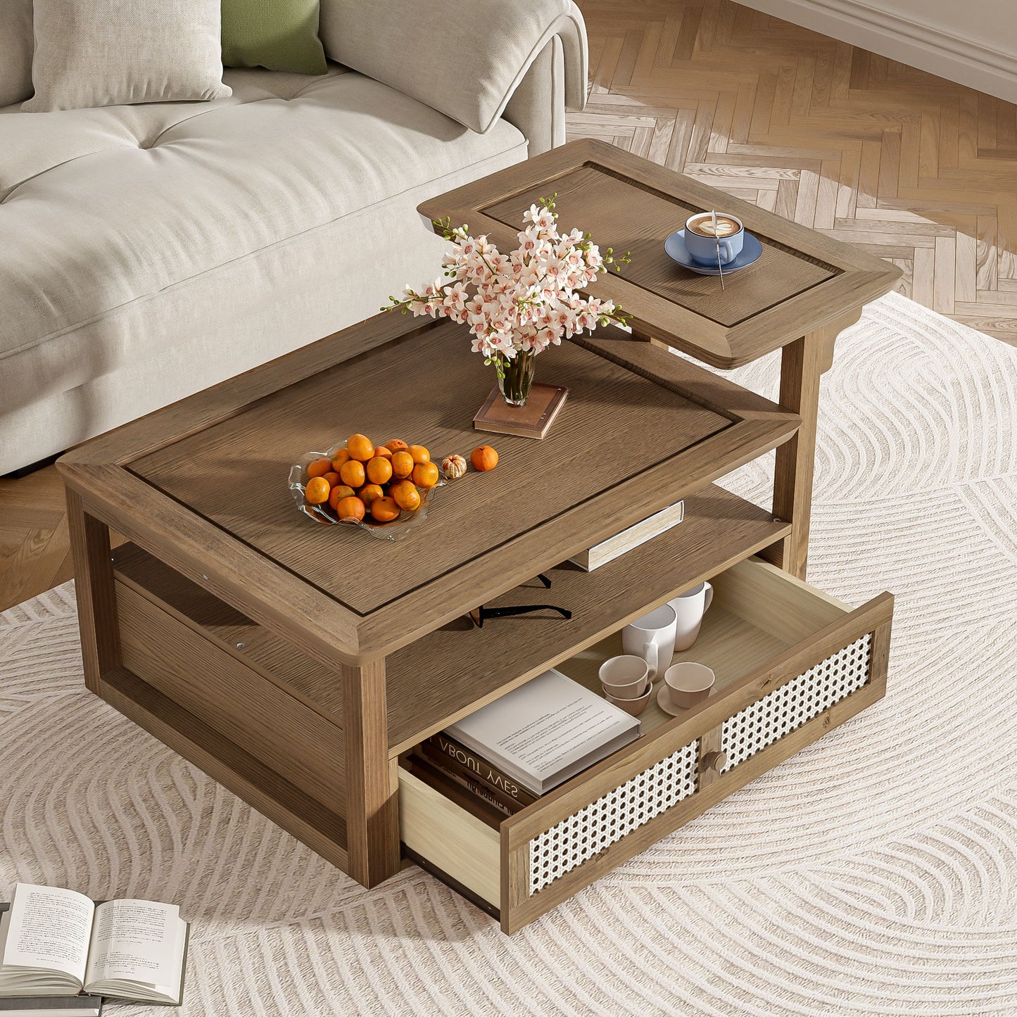 Coffee Table With 1 Storage Shelf, 2 Tabletops And 1 Rattan Drawer