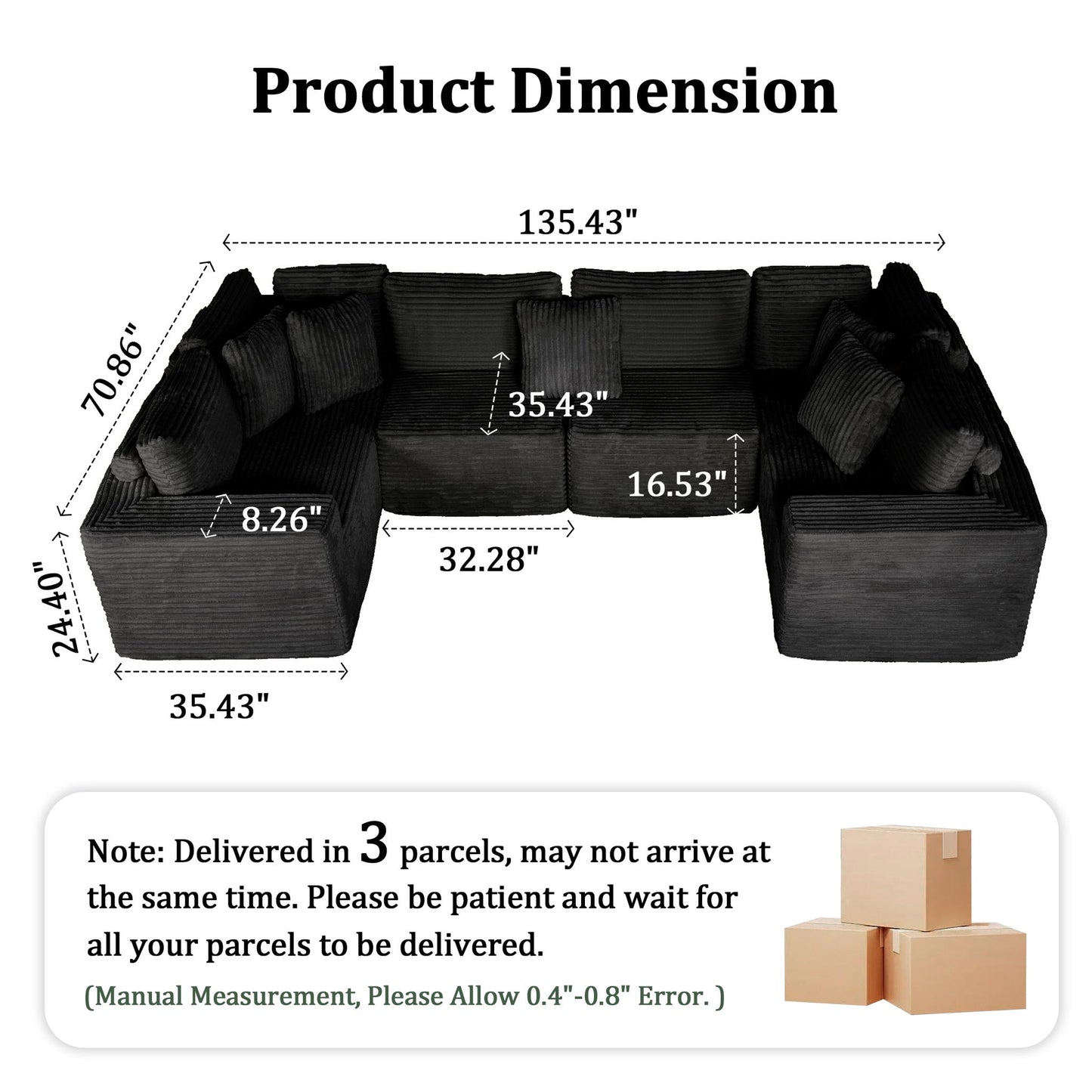 Modular U-Shaped Sectional Sofa, 6 Seater Chaise Lounge With Reversible Design - Black