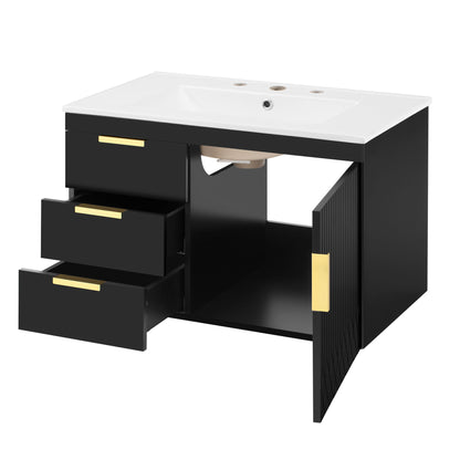 Modern Wall Mounted Bathroom Cabinet With Ceramic Sink, Soft-Closing Drawer And Door