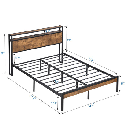 Platform Bed Frame With Wooden Headboard And Footboard, USB Liner