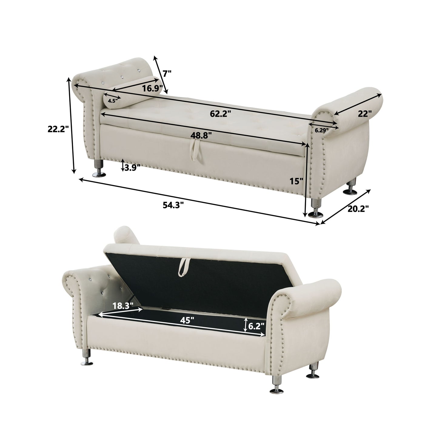 Storage Bench With Crystal Buttons And 1 Pillow For Bedroom