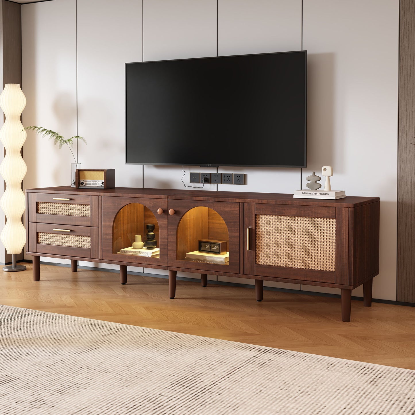 TV Stand With 3 Cabinets & 2 Drawers, LED Light Media Console For TVs Up To 80" - Dark Brown