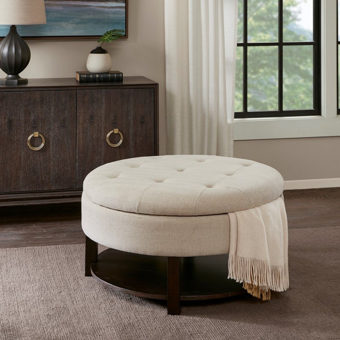 Miller - Round Storage Ottoman With Tufted Top And Shelf - Cream / Brown