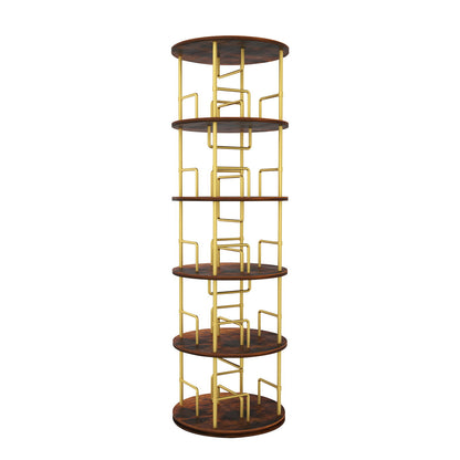 5 Tier 360 Rotating Bookshelf, Display Round Floor Standing Swivel Bookcase For Bedroom - Golden