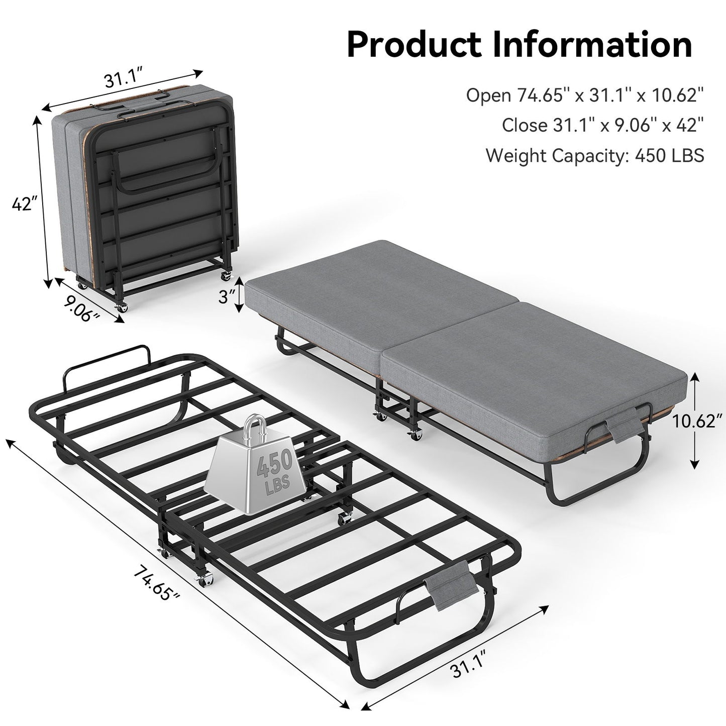 Portable Folding Bed With Memory Foam Mattress, Lockable - Gray