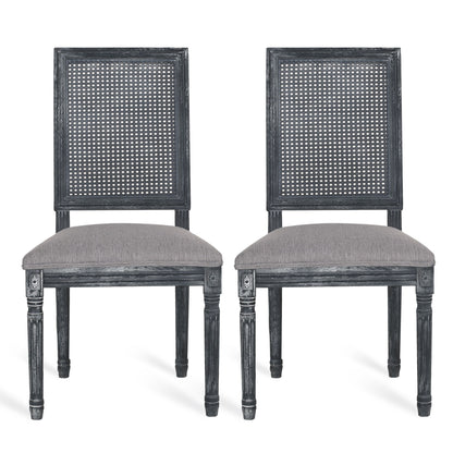French Country Dining Chair With Rectangular Cane Backrest And Smooth Upholstered Seating