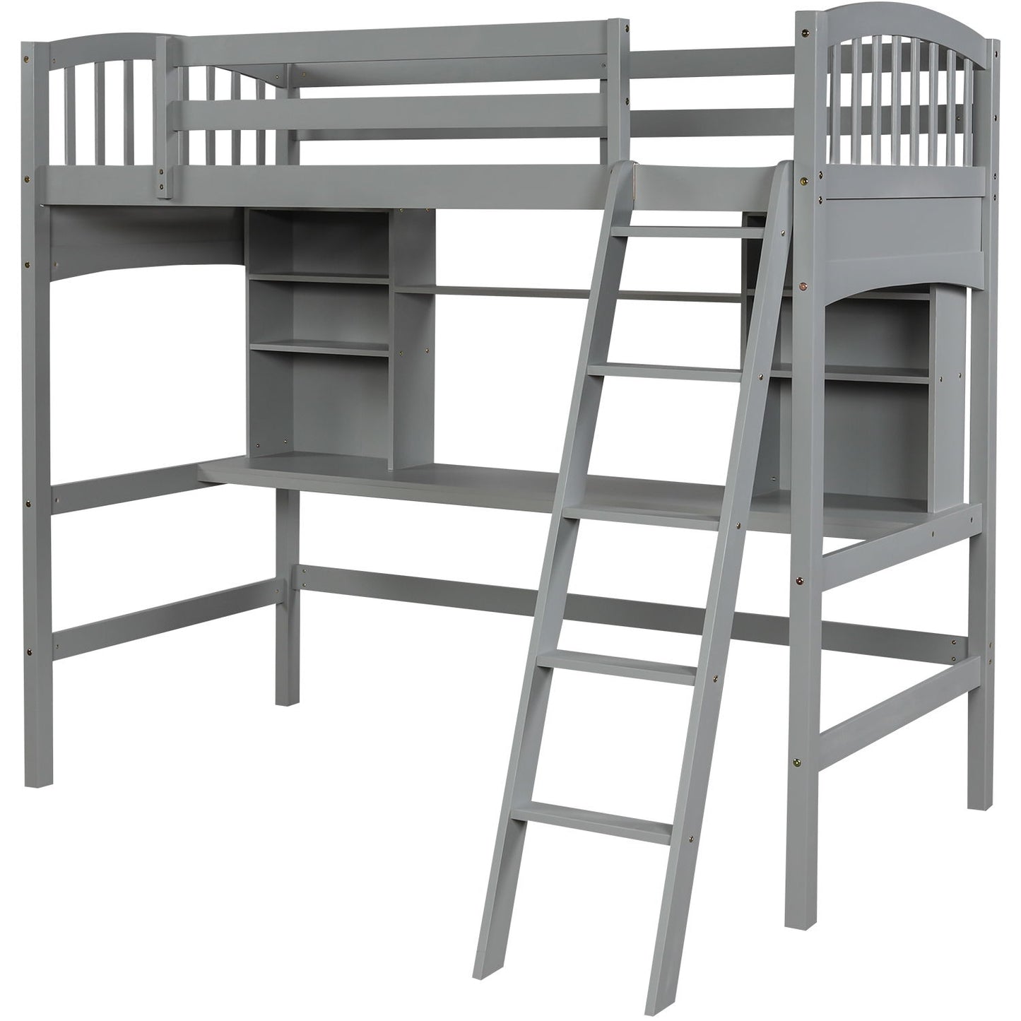 Loft Bed With Storage Shelves, Desk And Ladder