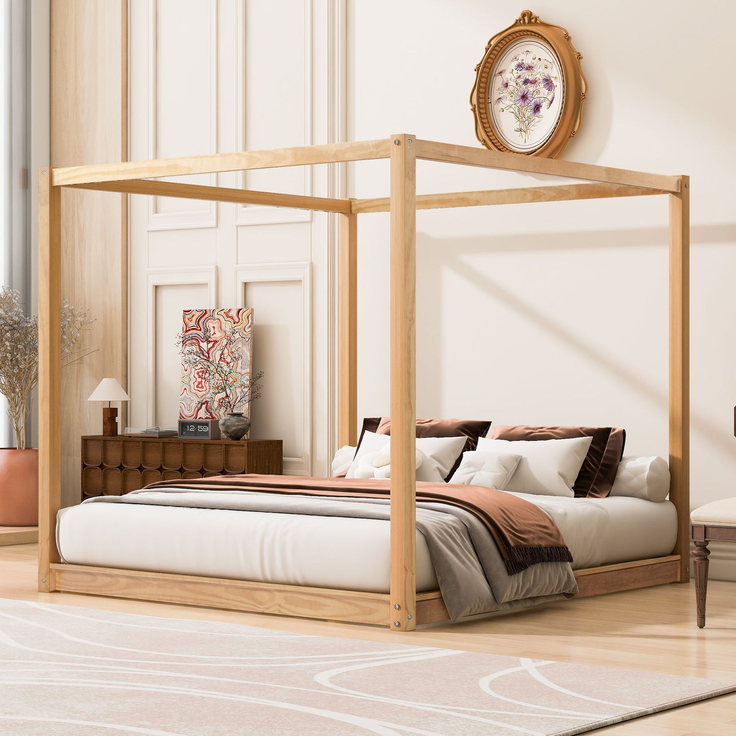 Wood Canopy Platform Bed With Support Legs And Airflow Slats