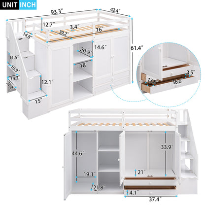Loft Bed With 3 Shelves, 2 Wardrobes, 2 Drawers, Ladder Storage