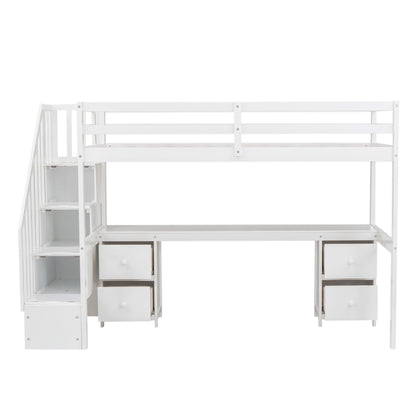Loft Bed Frame With Built In Desk And Double Storage Drawers