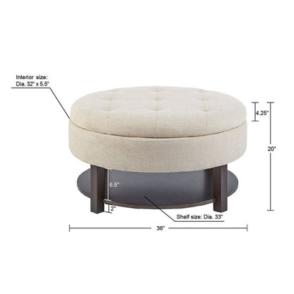 Miller - Round Storage Ottoman With Tufted Top And Shelf - Cream / Brown
