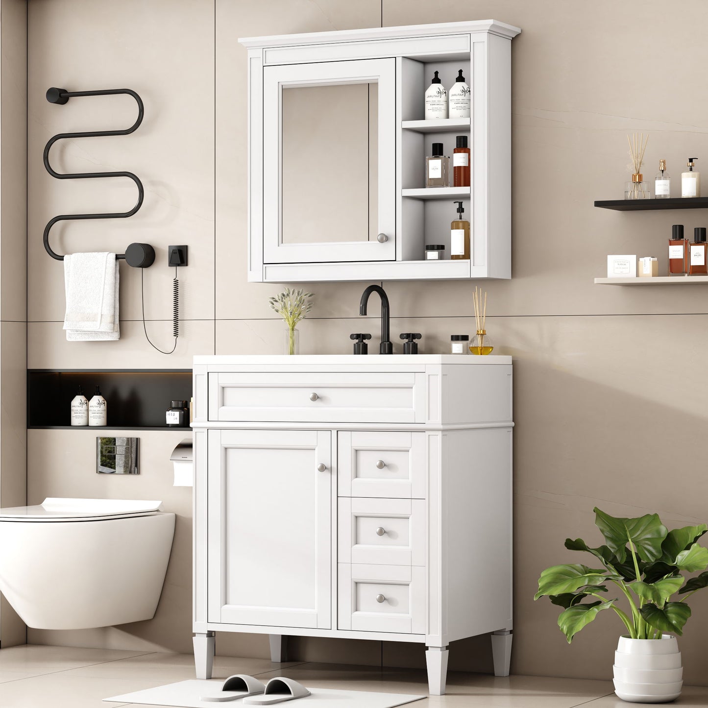 Bathroom Vanity With Top Sink, Storage Cabinet With 2 Drawers And Tip Out Drawer, Freestanding Set With Mirror Cabinet