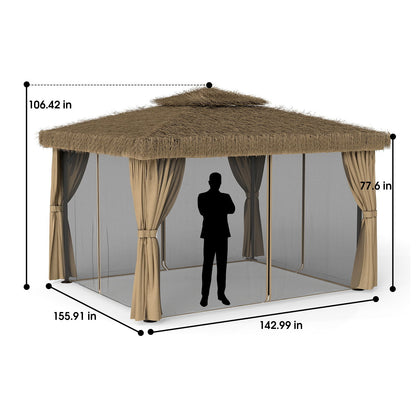Outdoor Patio Gazebo With Double Canopy, Mosquito Net & Privacy Curtain - Brown