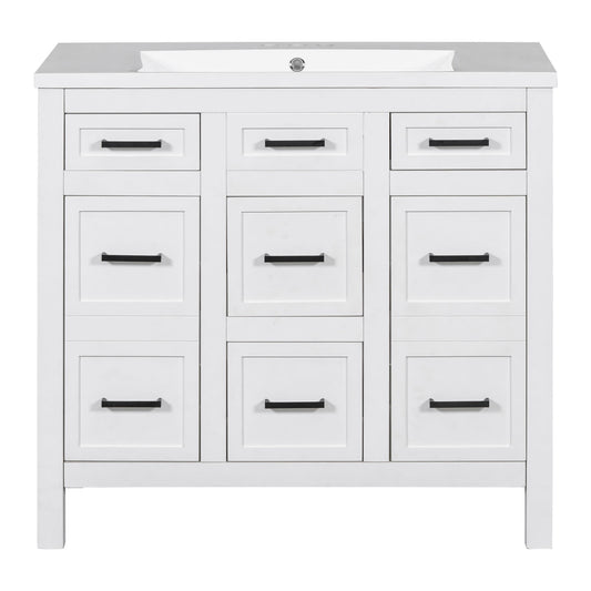 Bathroom Vanity Cabinet With Resin Integrated Sink 4 Drawers, 2 Doors - White