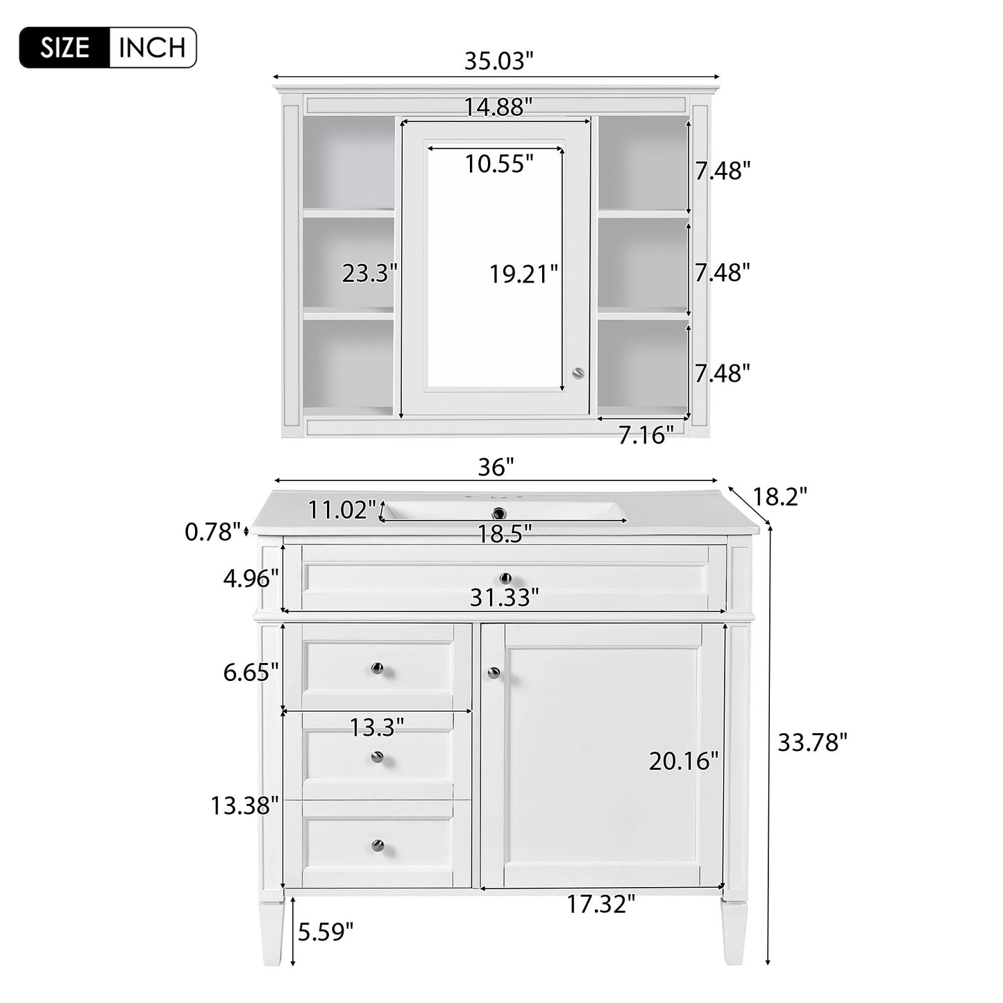 Bathroom Vanity With Mirror Cabinet, Single Sink With 2 Soft Closing Doors And 4 Drawers