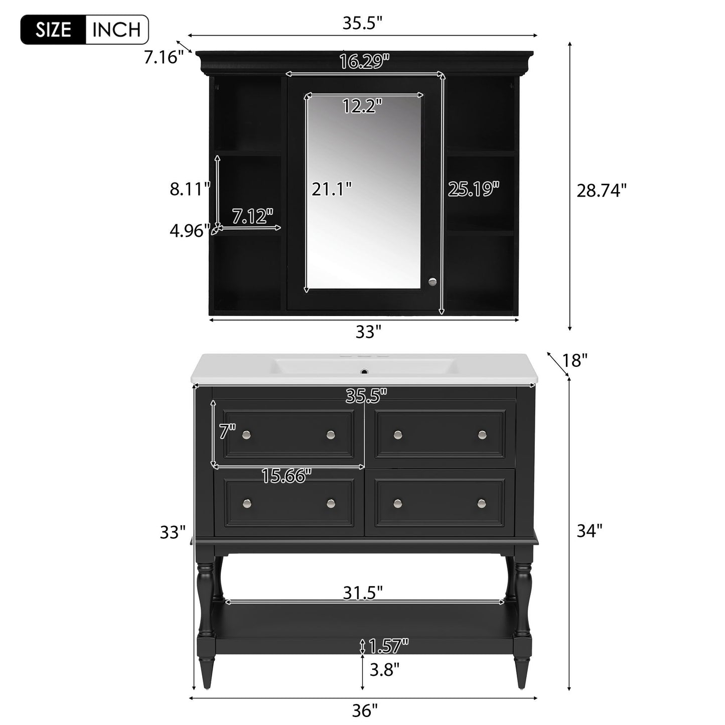 Bathroom Vanity With Medicine Cabinet, Storage Cabinet With 4 Drawers, Adjustable Shelf Mirror