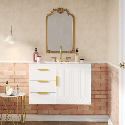 Modern Wall Mounted Bathroom Cabinet With Ceramic Sink, Soft-Closing Drawer And Door