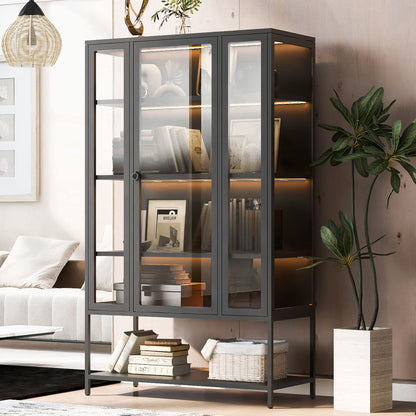 Modern Steel Display Cabinet With LED Lights And Glass Door For Home Or Workspace - Black