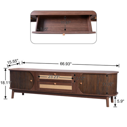 TV Stand For TVs Up To 75'', Cabinet With Drawers And Sliding Doors, Living Room Entertainment Console - Natural Wood / Brown