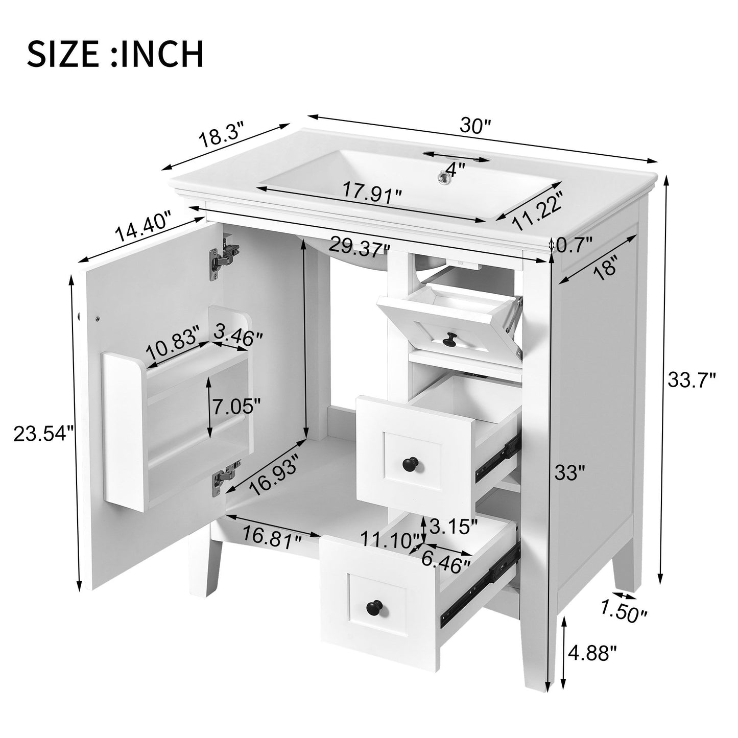 Modern Bathroom Vanity With Sink, 3 Drawer Storage Cabinet