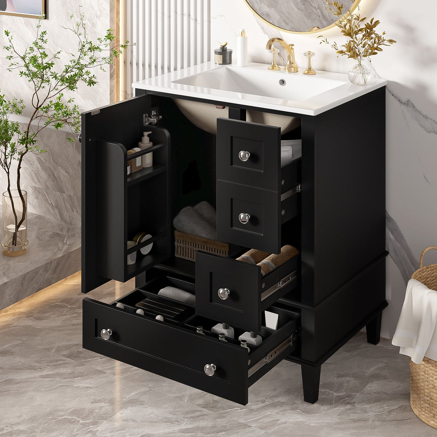 Bathroom Vanity With Integrated Basin, Soft Close Drawers, Door Mounted Double Layer Shelf