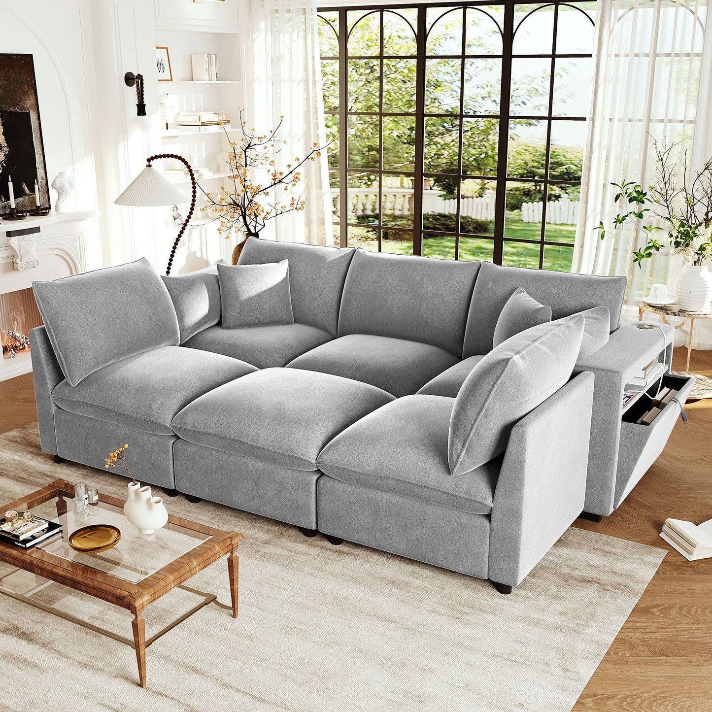 Modern Sectional Sofa U-Shaped With Movable Ottoman Storage Armrests And USB Ports