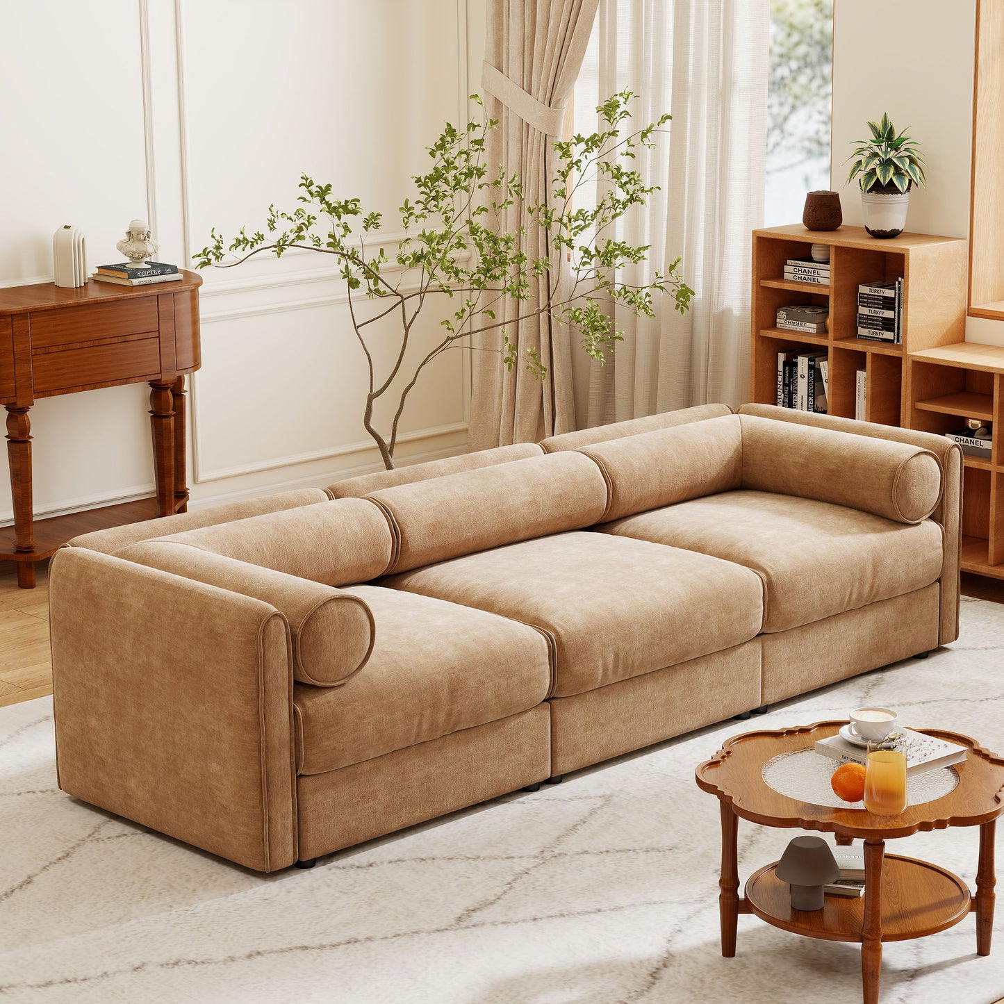 Stylish Sofa With Storage Seat And Cylindrical Backrest