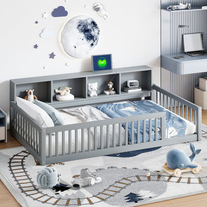 Twin Long Floor Bed With Storage Cabinets And USB Ports - Gray