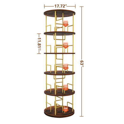 5 Tier 360 Rotating Bookshelf, Display Round Floor Standing Swivel Bookcase For Bedroom - Golden