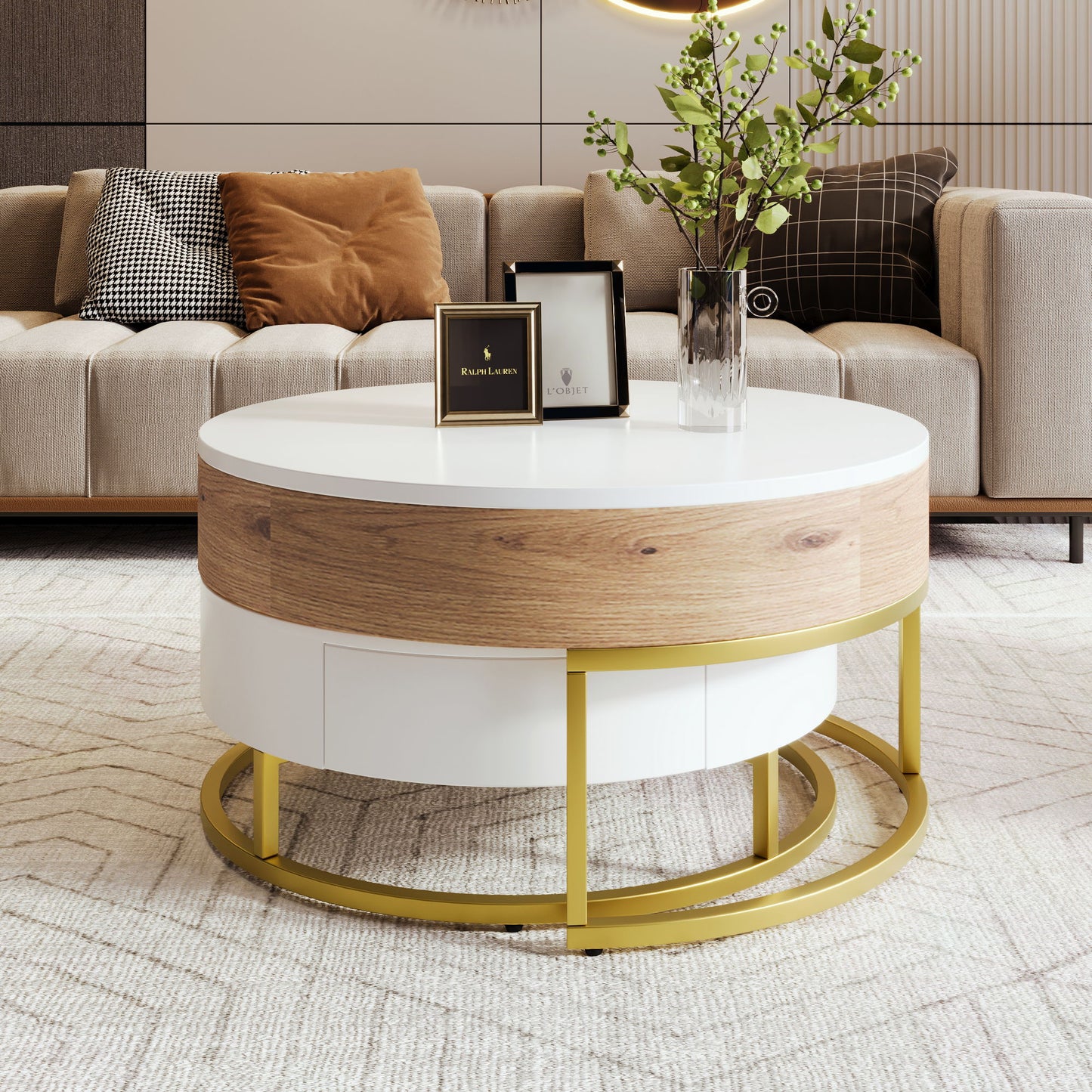 Modern Round Lift-Top Nesting Coffee Tables With 2 Drawers