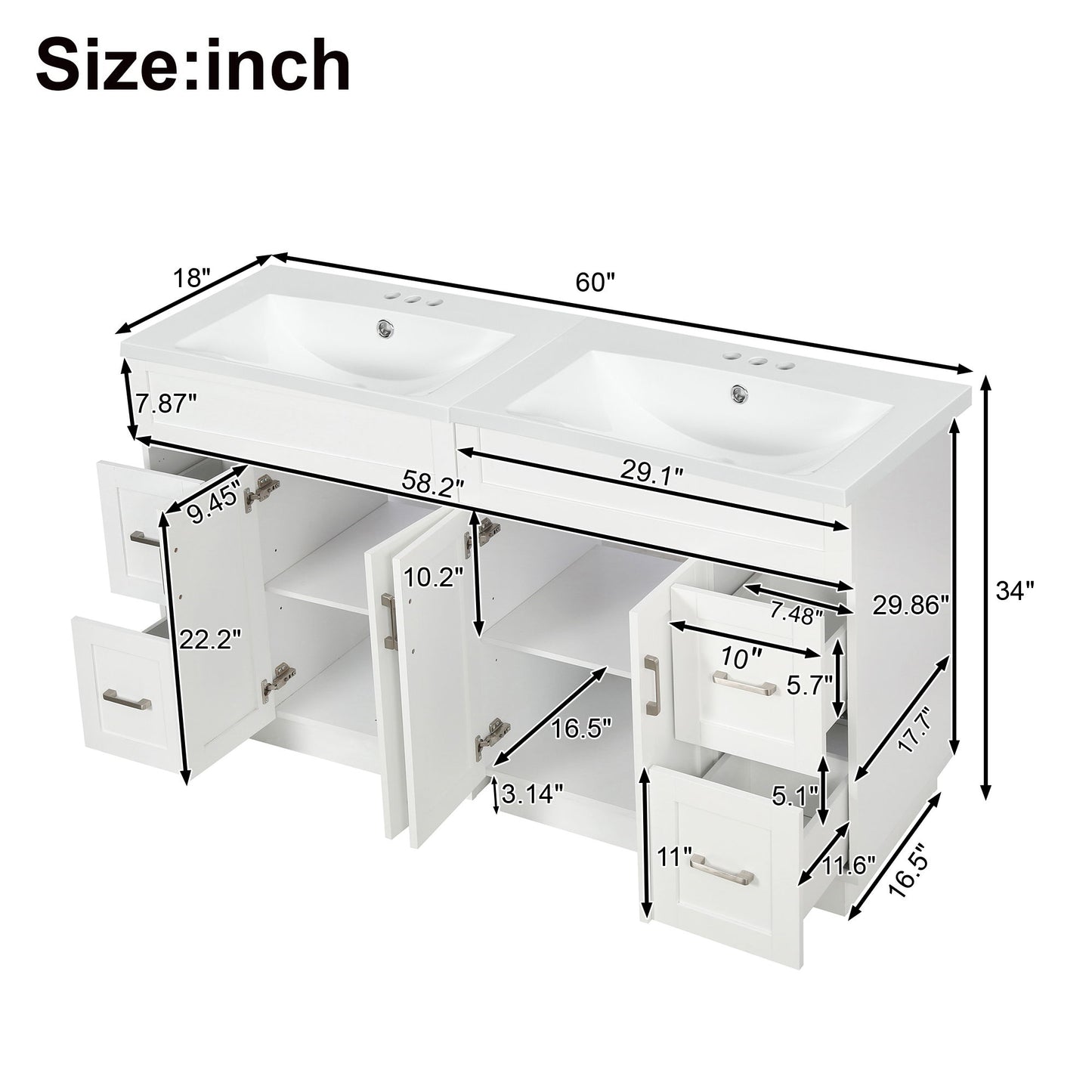 Bathroom Vanity With 4 Cabinet Doors, 4 Drawers, Dual Sinks, Hidden Soft Close Slides And Hinges - White