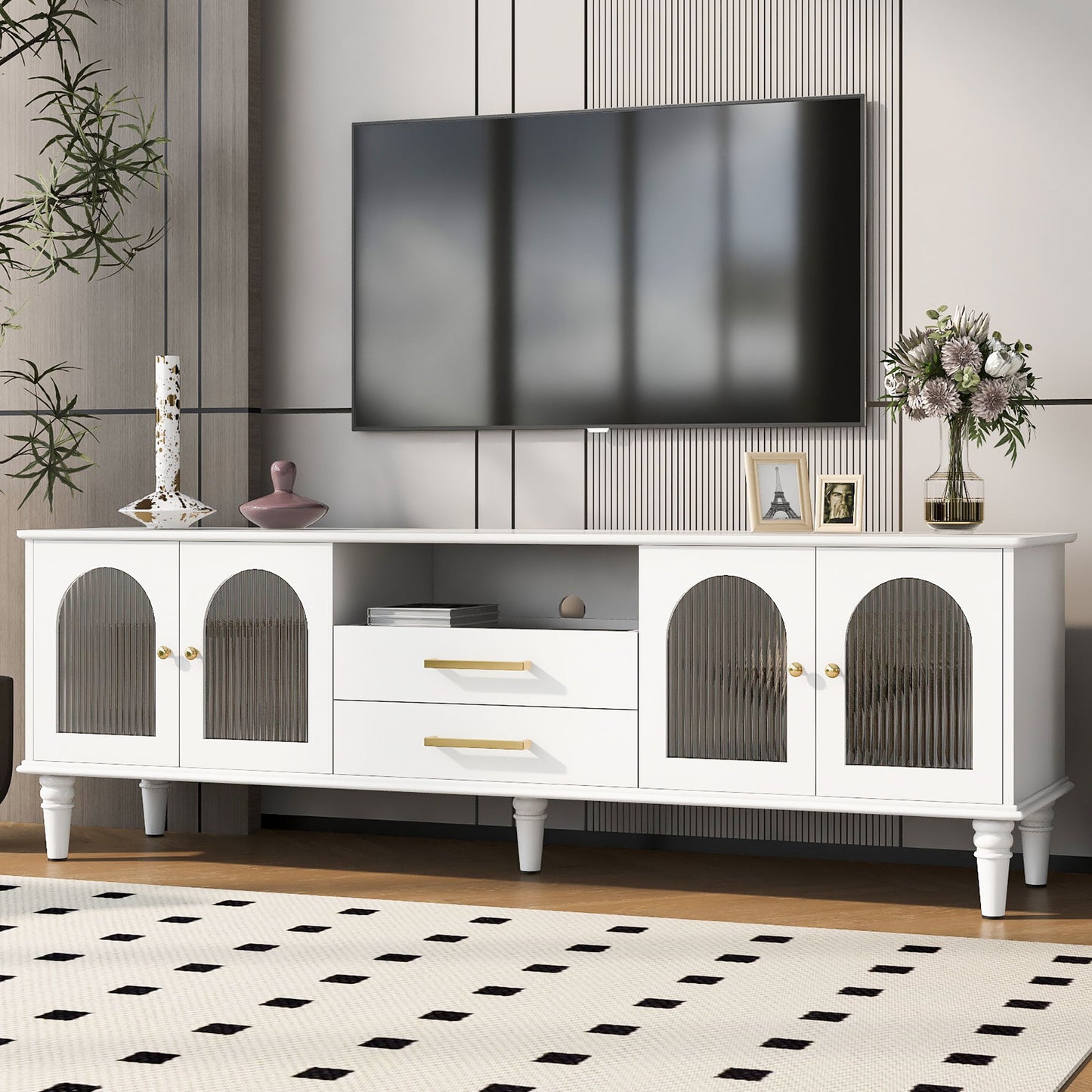 Retro TV Stand With Fluted Glass Doors