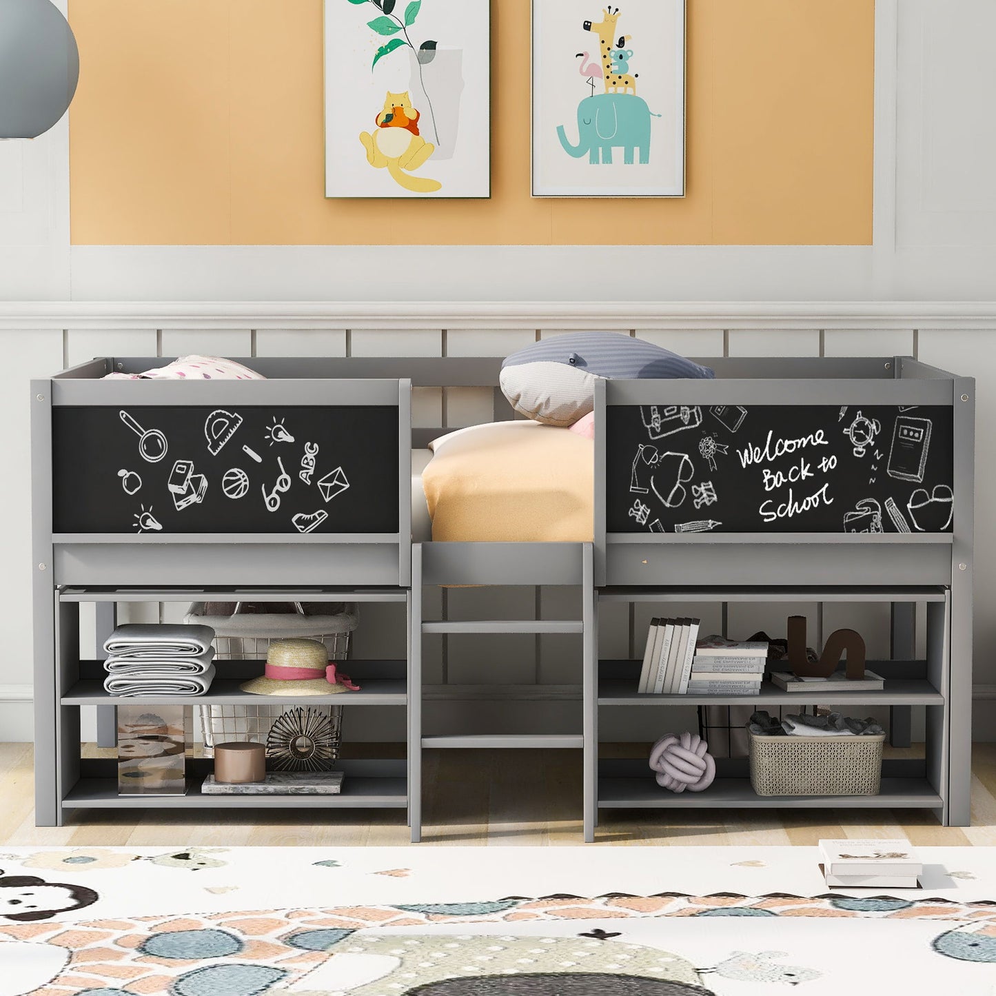 Low Loft Bed With Movable Shelves And Ladder, Decorative Chalkboard Guardrail