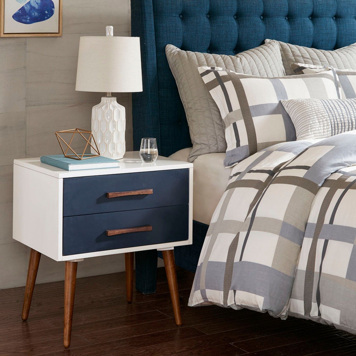 Jeremy - Storage Nightstand With Drawers - Off-White / Navy