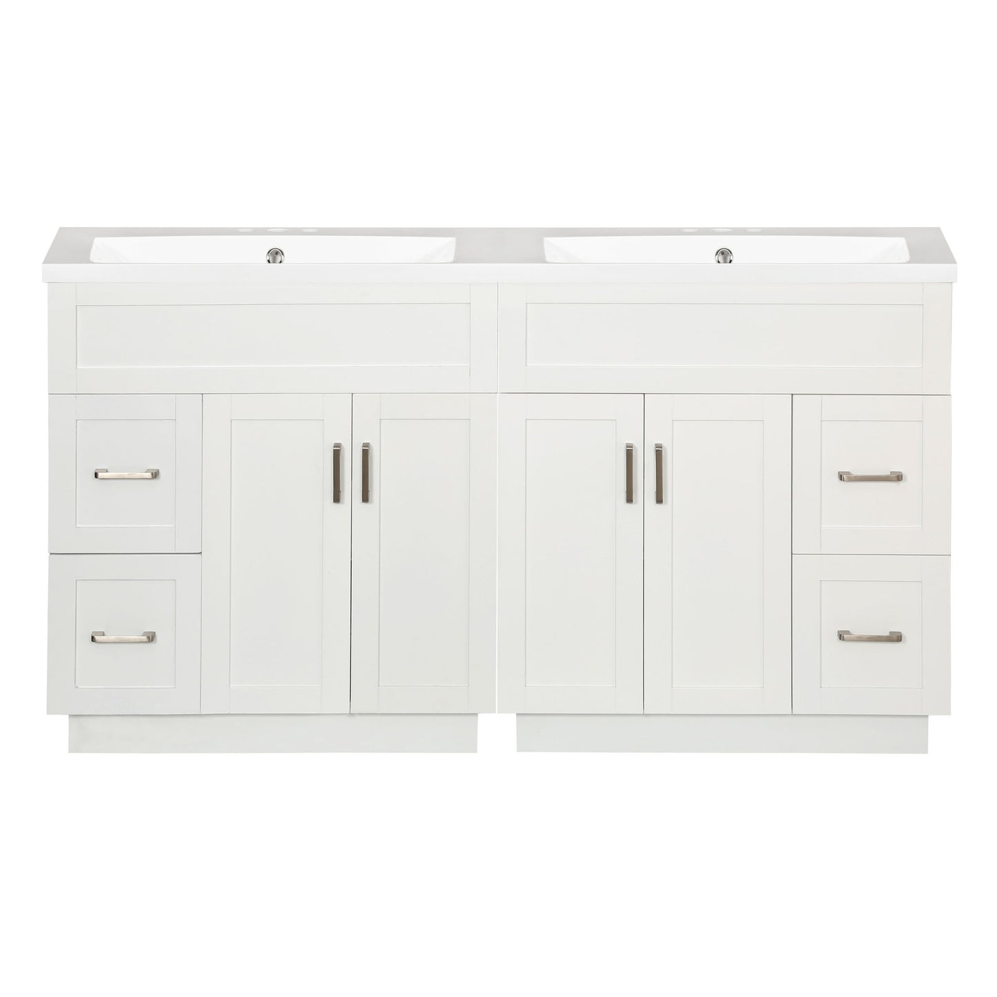 Bathroom Vanity With 4 Cabinet Doors, 4 Drawers, Dual Sinks, Hidden Soft Close Slides And Hinges - White