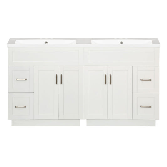 Bathroom Vanity With 4 Cabinet Doors, 4 Drawers, Dual Sinks, Hidden Soft Close Slides And Hinges - White