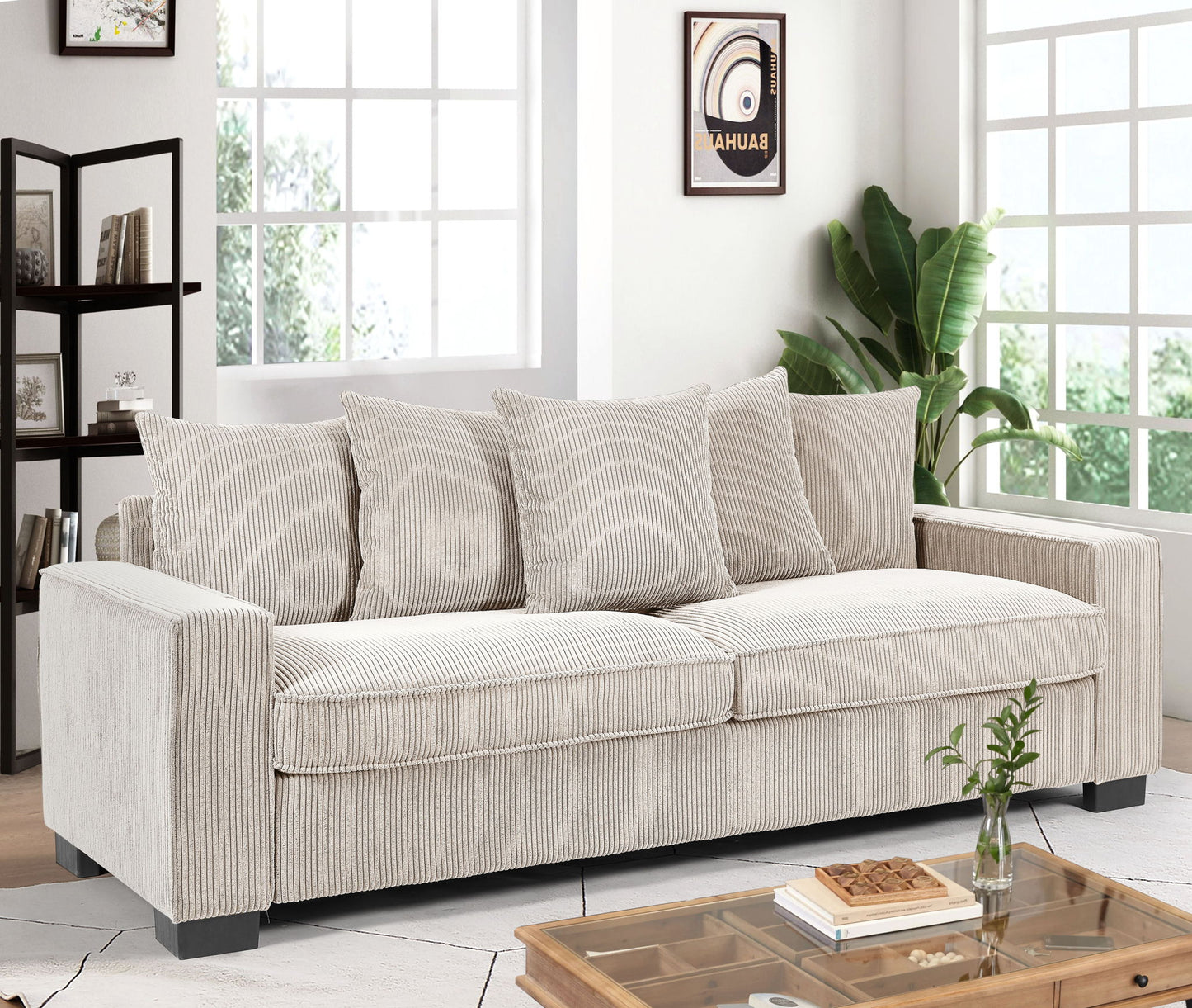 Luxe Sofa With 5 Matching Toss Pillows, Sleek Design, Spacious And Comfortable 3 Seater Couch