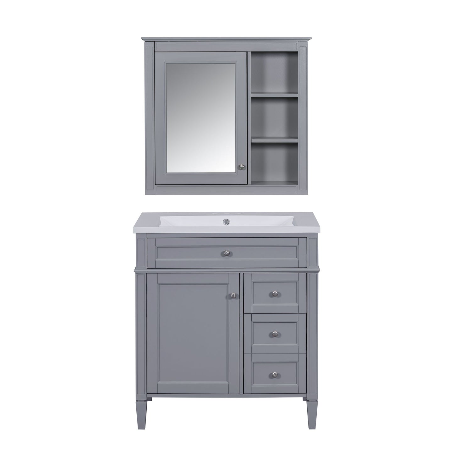 Bathroom Vanity With Top Sink, 2 Doors And 3 Drawers, Freestanding Set With Mirror Cabinet