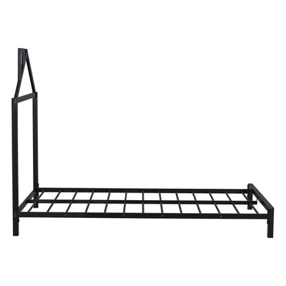 Metal Platform Bed With House-Shaped Headboard Design
