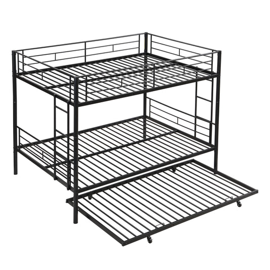Full Over Full Modern Metal Bunk Bed With Trundle - Black