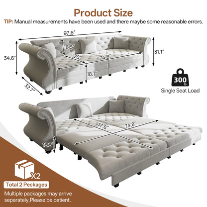 Oversized Chesterfield Pull Out Sofa Bed, Roll Arm Couch With Flower Tufting For Living Room