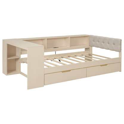 Upholstered Headboard Platform Bed With Storage Shelves, Drawers, Charging Station