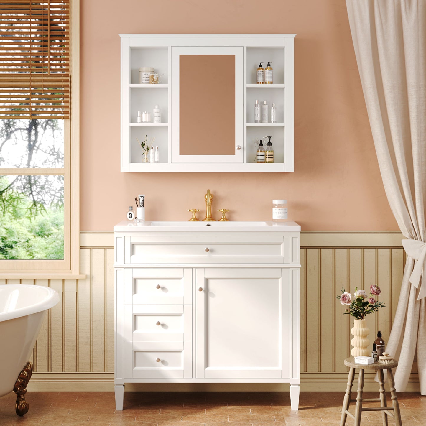 Bathroom Vanity With Mirror Cabinet, Single Sink With 2 Soft Closing Doors And 4 Drawers