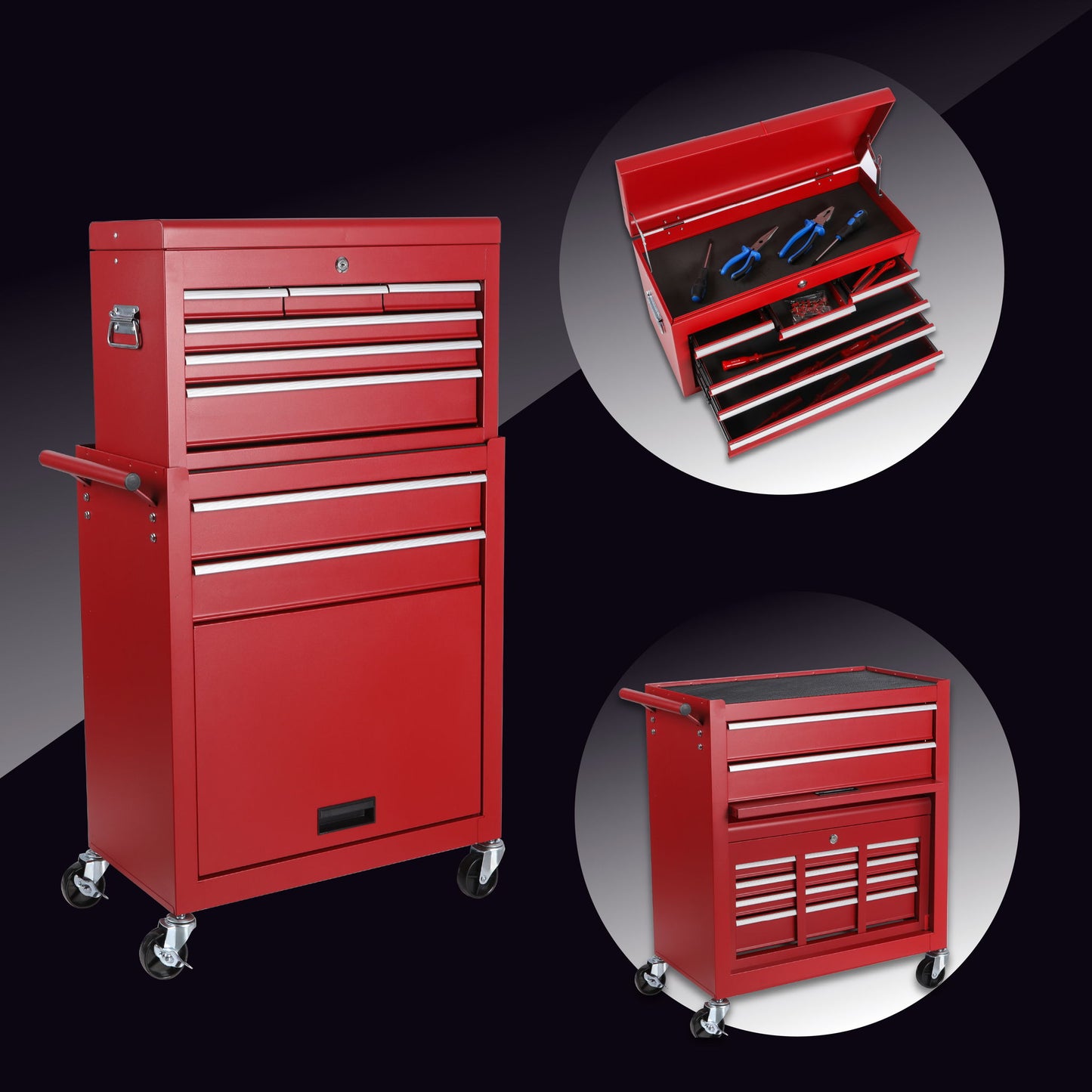 8 Drawer Rolling Tool Chest With 2 In 1 Detachable Top Box, Lockable Wheels