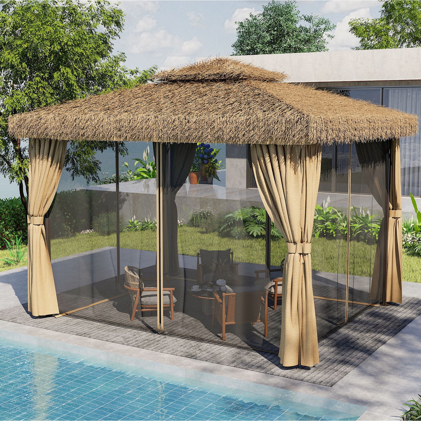 Outdoor Patio Gazebo With Double Canopy, Mosquito Net & Privacy Curtain - Brown