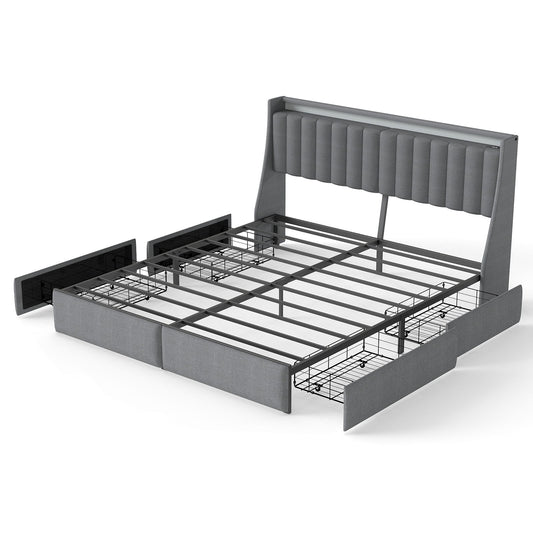 King Upholstered Bed Frame With 4 Storage Drawers, RGB LED Lights & USB / Type-C Charging Station, No Box Spring Needed - Gray