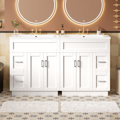 Bathroom Vanity With 4 Cabinet Doors, 4 Drawers, Dual Sinks, Hidden Soft Close Slides And Hinges - White