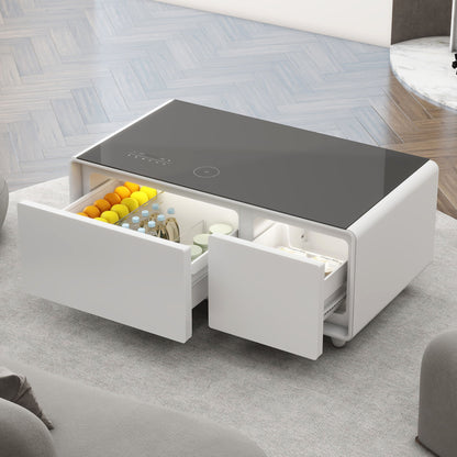 Modern Smart Coffee Table With Built-In Fridge - tooth Speaker, Wireless Charging, Touch Control Panel, USB Interface, Outlet Protection, Atmosphere Light