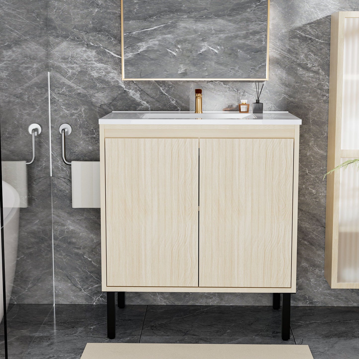 Bathroom Vanity With Ceramic Sink, Floor-Standing Design, Soft-Closing Drawers